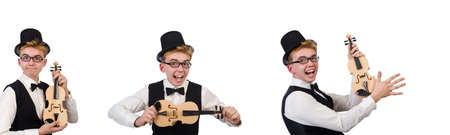 Funny violin player isolated on whiteの写真素材