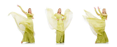 Pretty girl in elegant green dress isolated on whiteの写真素材