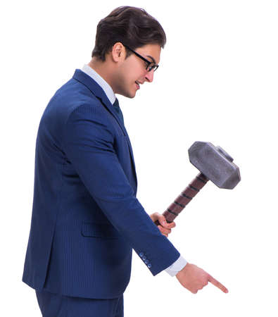 The businessman with hammer isolated on white backgroundの写真素材