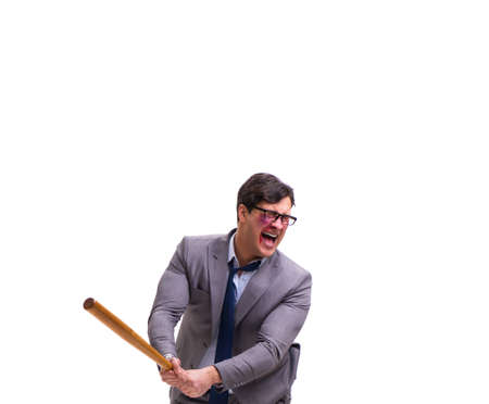 Businessman with baseball bat isolated on whiteの写真素材