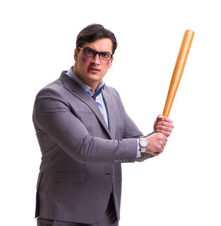 Businessman with baseball bat isolated on whiteの写真素材