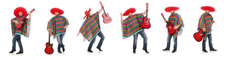 Funny mexican with guitar isolated on whiteの写真素材