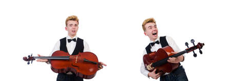 Funny man with violin on white