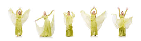 Pretty girl in elegant green dress isolated on whiteの写真素材