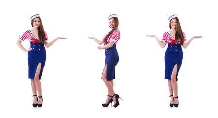 Young airhostess holding hands isolated on whiteの写真素材