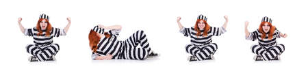 Prisoner in striped uniform on whiteの写真素材