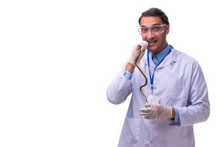Young male zoologist with snake isolated on white