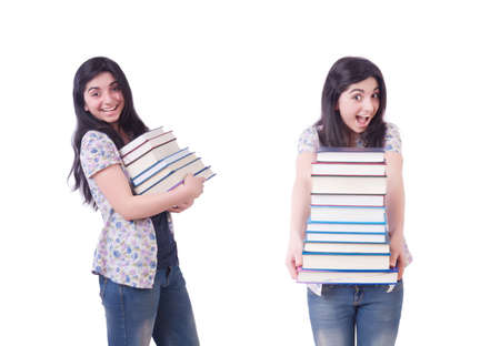 Girl student with books on whiteの写真素材