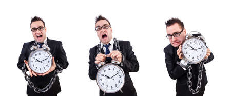 Businessman with clock isolated on whiteの写真素材