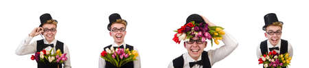 Smiling gentleman with flowers isolated on whiteの写真素材