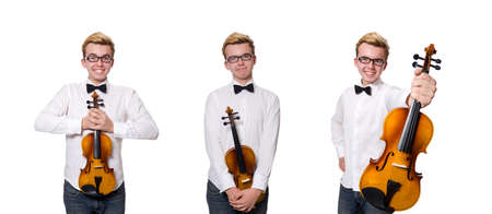 Young funny violin player isolated on whiteの写真素材