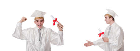 Young male student graduated from high school on whiteの写真素材
