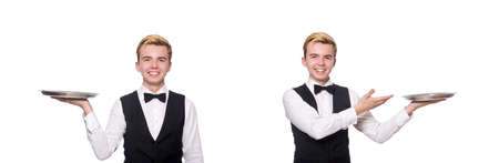 Waiter holding plate isolated on whiteの写真素材