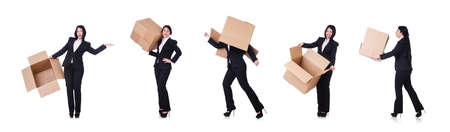 Woman with lots of boxes on white