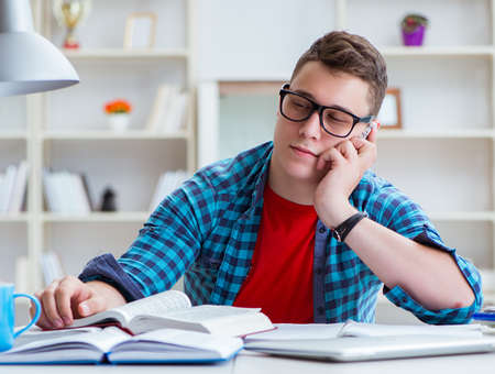 Young teenager preparing for exams studying at a desk indoorsの写真素材