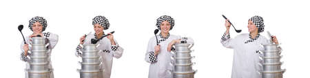 Cook with stack of pots on whiteの写真素材
