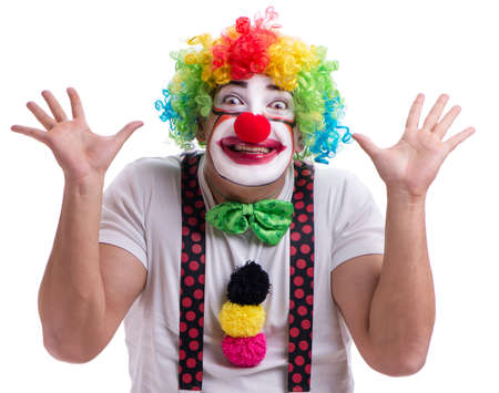 Funny clown acting silly isolated on white backgroundの写真素材