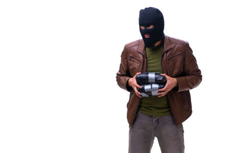 Robber wearing balaclava isolated on white backgroundの写真素材