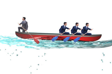Disagreement concept with businessmen rowing in different directの写真素材