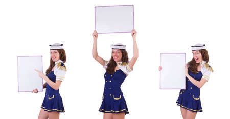 Young woman with blank board on whiteの写真素材