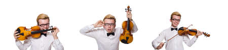 Young funny violin player isolated on whiteの写真素材