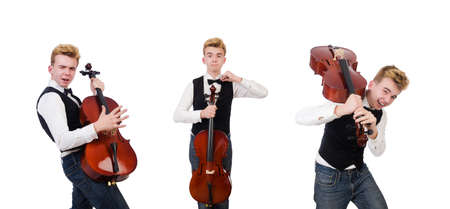 Funny man with violin on white