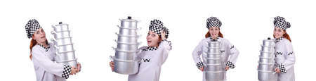 Cook with stack of pots on white