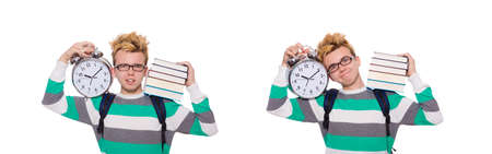 Student missing his deadlines isolated on whiteの写真素材