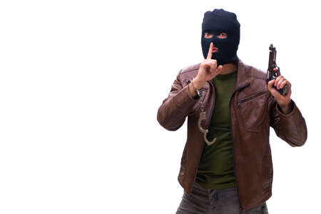Robber wearing balaclava isolated on white backgroundの写真素材