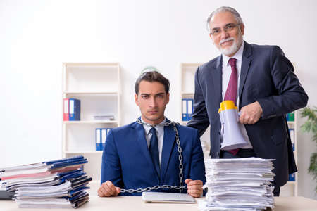 Old boss and young male employee in the officeの写真素材