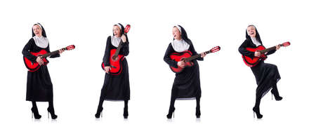 Nun playing guitar isolated on white