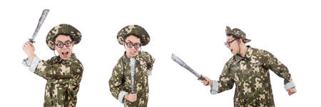 Funny soldier with knife on whiteの写真素材