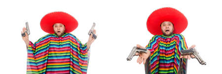 Funny mexican holding pistol isolated on whiteの写真素材