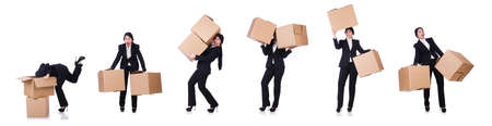 Woman with lots of boxes on whiteの写真素材