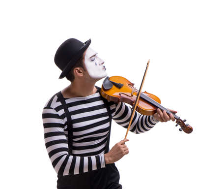 Mime playing violin isolated on whiteの写真素材