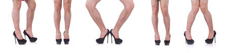 Man wearing woman shoes isolated on white