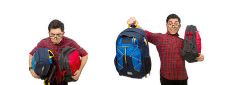 Young man with bags isolated on white