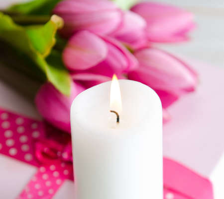 The giftbox arranged on the table in saint valentine holiday conの写真素材