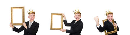 Man with picture frame isolated on the white