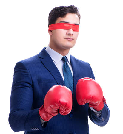 Lawyer with blindfold wearing boxing gloves isolated on whiteの写真素材