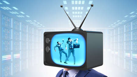 Man with television head in tv addiction concept