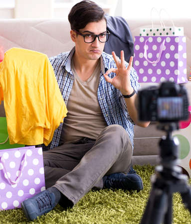 The male fashion blogger recording video for vlogの写真素材