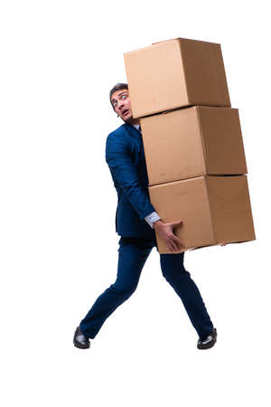 Young male employee with boxes isolated on whiteの写真素材