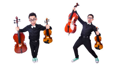 Funny man with violin on whiteの写真素材