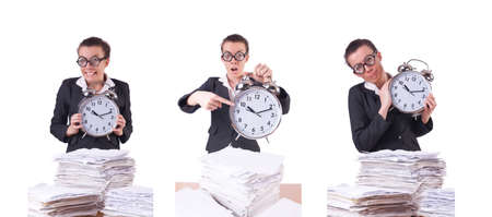 Woman businesswoman with giant alarm clockの写真素材