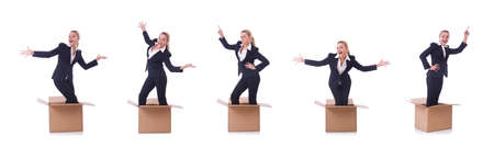 Woman with boxes on white