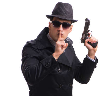 Man spy with handgun isolated on white background