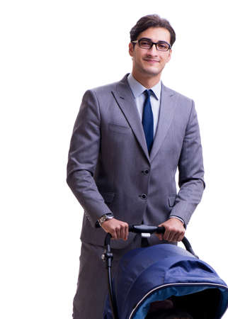 The young dad businessman with baby pram isolated on whiteの写真素材