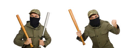 The funny man with baseball bat isolated on whiteの写真素材