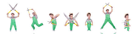 The funny man with shears on white